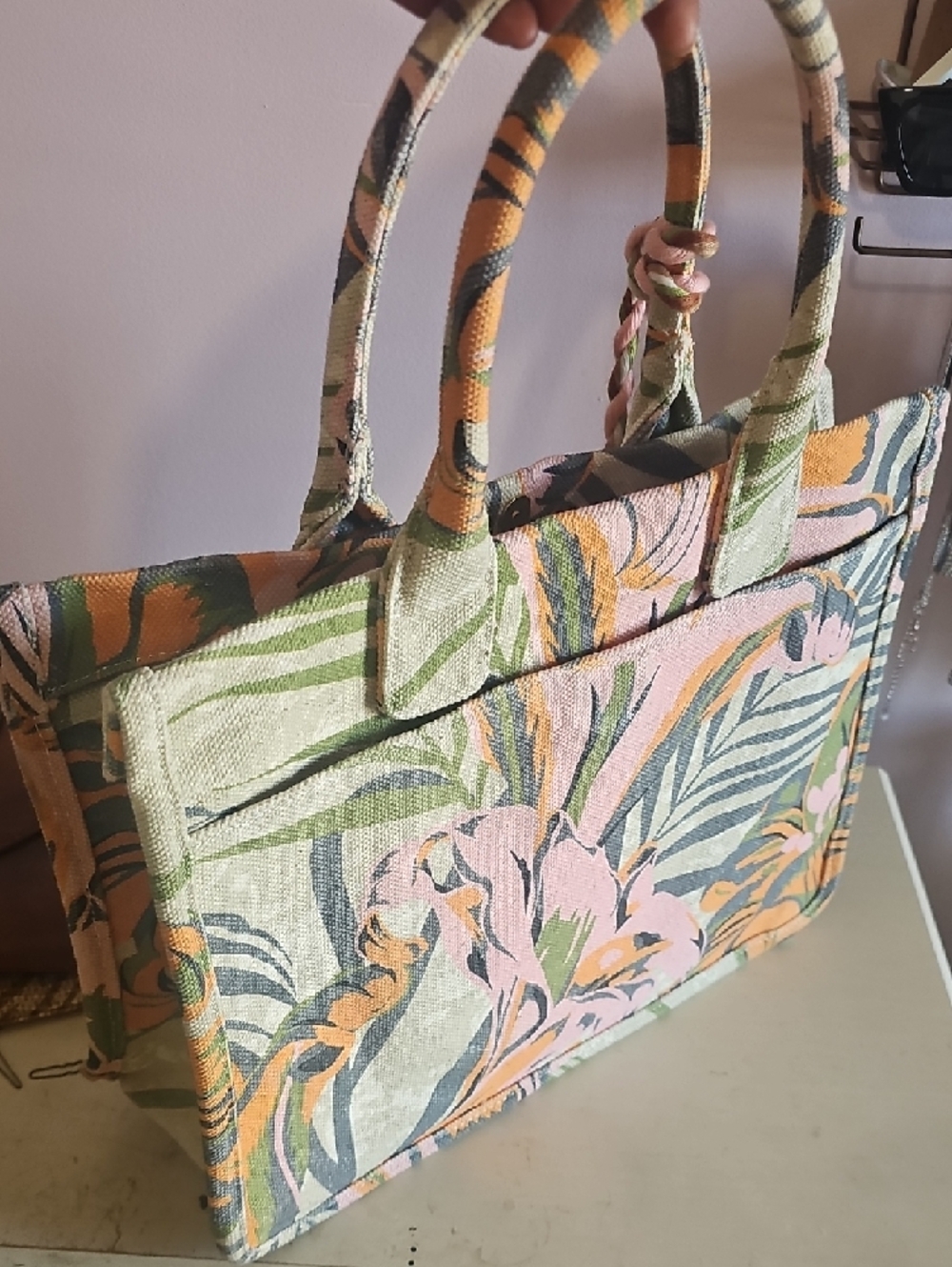 Vince Camuto Floral Canvas Tote in Pink, Green & Orange - Picture 2 of 4
